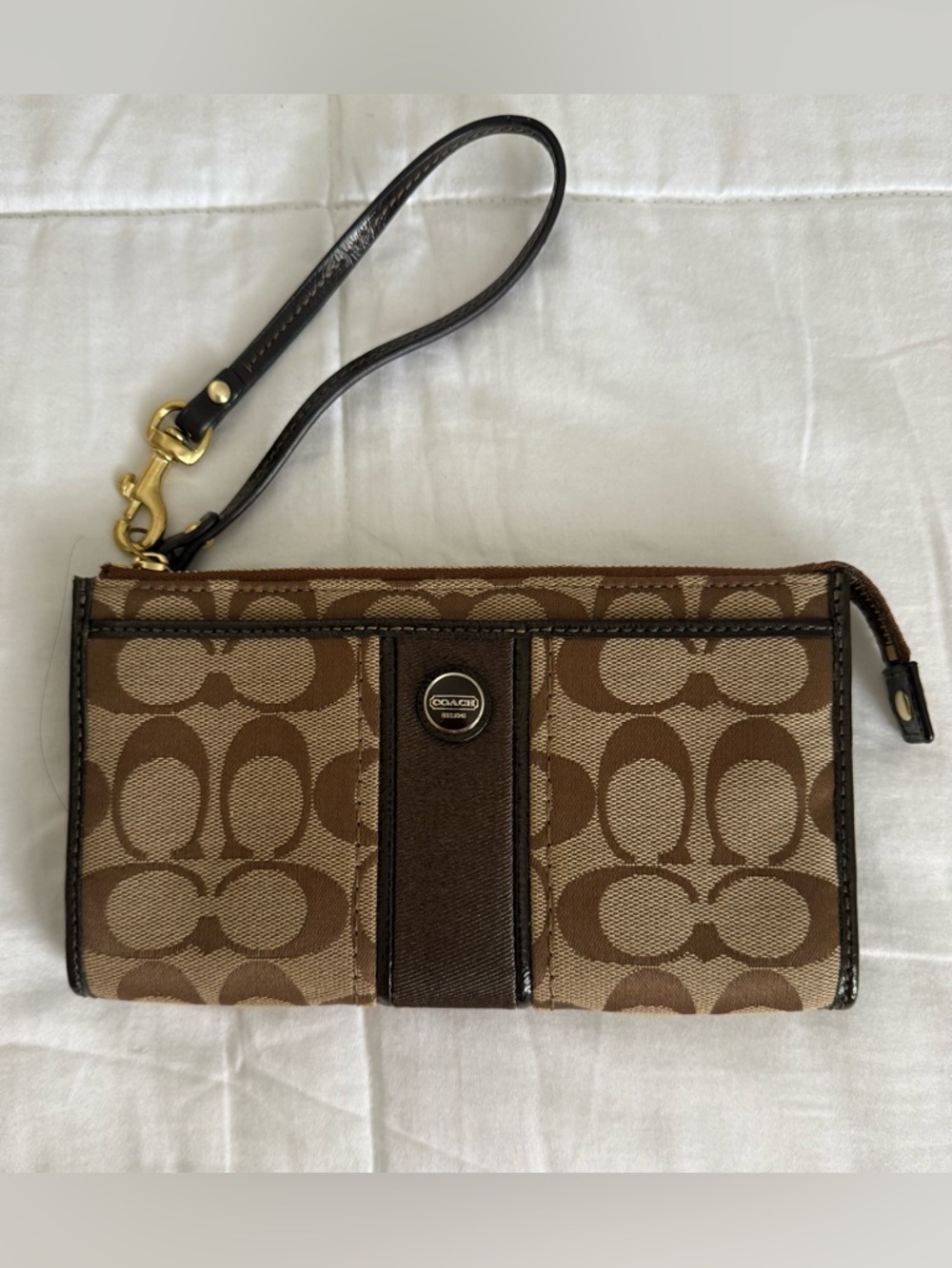 Coach Signature Stripe Brown & Tan Zip Top Wallet Wristlet